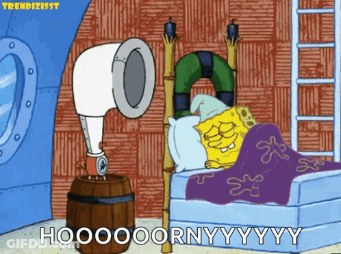 A Cartoon Of Spongebob Laying In A Bed With The Caption Hoooooornyyyyy GIF