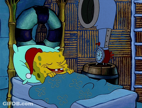 A Cartoon Of Spongebob Laying In Bed With An Alarm Clock GIF