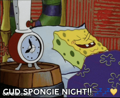 A Cartoon Of Spongebob Laying In Bed With The Words Gud Spongie Night GIF
