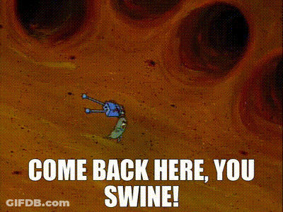 A Cartoon Of Spongebob Laying On A Pillow With The Words Come Back Here You Swine GIF