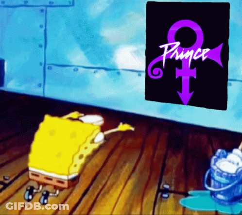 A Cartoon Of Spongebob Laying On The Floor In Front Of A Poster For Prince GIF