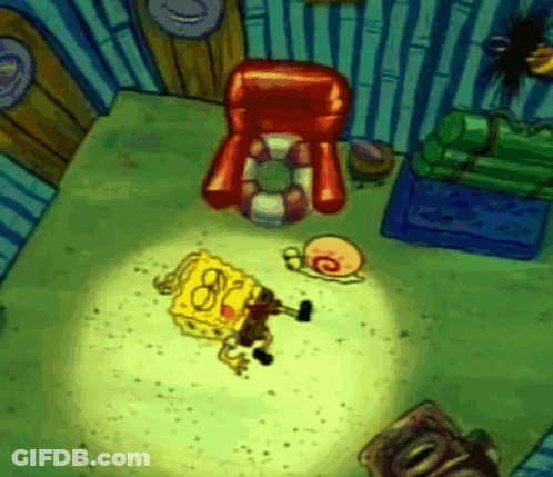 A Cartoon Of Spongebob Laying On The Floor Next To A Chair GIF