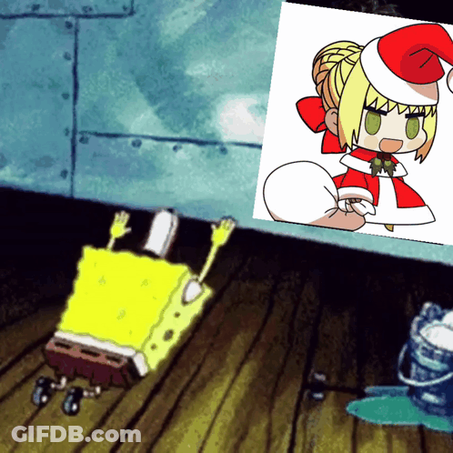 A Cartoon Of Spongebob Laying On The Floor Next To A Picture Of A Girl Wearing A Santa Hat GIF