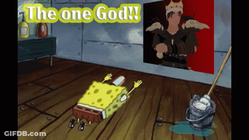 A Cartoon Of Spongebob Laying On The Floor With The Words " The One God " Behind Him GIF