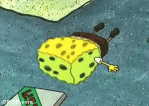 A Cartoon Of Spongebob Laying On The Ground Next To A Pizza GIF