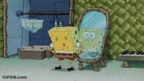 A Cartoon Of Spongebob Looking At Himself In The Mirror GIF