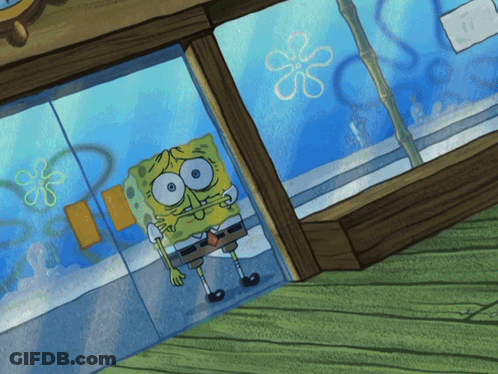 A Cartoon Of Spongebob Looking Out A Glass Door GIF