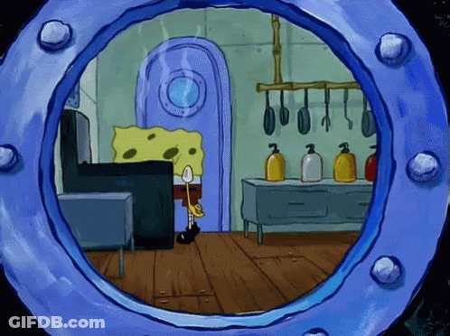 A Cartoon Of Spongebob Looking Through A Porthole At A Kitchen GIF