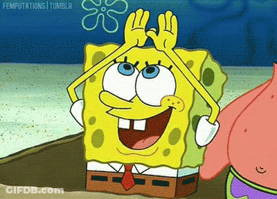 A Cartoon Of Spongebob Making A Funny Face With His Hands In The Air GIF