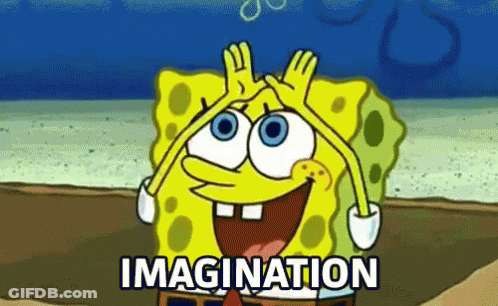 A Cartoon Of Spongebob Making A Funny Face With The Word Imagination Below Him GIF