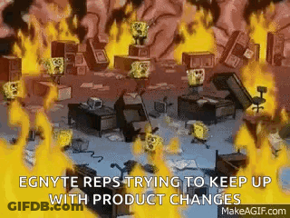 A Cartoon Of Spongebob On Fire With The Words " Egyte Reps Trying To Keep Up With Product Changes " On The Bottom GIF