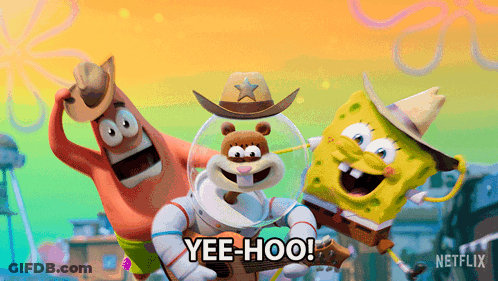 A Cartoon Of Spongebob Patrick And Sandy Cheeks With Yee-Hoo Written On The Bottom GIF