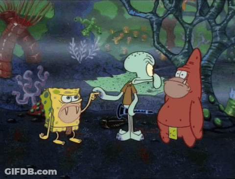 A Cartoon Of Spongebob Patrick And Squidward In A Forest GIF