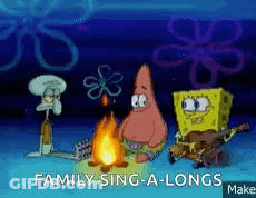 A Cartoon Of Spongebob Patrick And Squidward Singing By A Campfire GIF