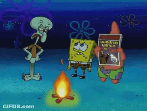 A Cartoon Of Spongebob Patrick And Squidward Standing Around A Fire GIF