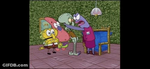 A Cartoon Of Spongebob Patrick And Squidward Standing In A Room GIF
