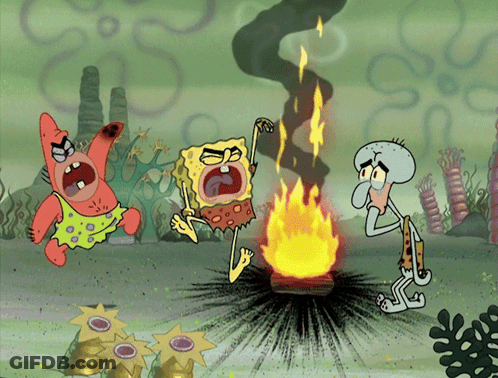 A Cartoon Of Spongebob Patrick And Squidward Standing In Front Of A Fire GIF