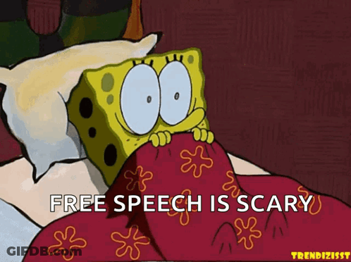 A Cartoon Of Spongebob Peeking Out From Under A Blanket With The Words Free Speech Is Scary Below Him GIF