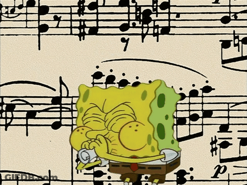 A Cartoon Of Spongebob Playing A Trumpet On A Sheet Of Music GIF