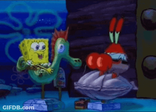 A Cartoon Of Spongebob Playing A Violin Next To A Seahorse And Crab GIF