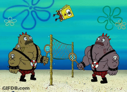 A Cartoon Of Spongebob Playing Volleyball With Two Muscular Fish GIF