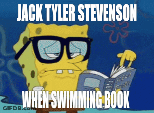 A Cartoon Of Spongebob Reading A Book Titled Jack Tyler Stevenson GIF