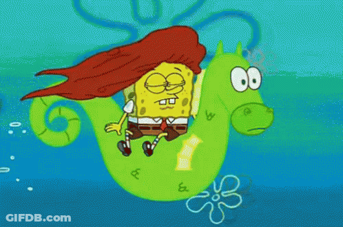 A Cartoon Of Spongebob Riding A Seahorse In The Ocean GIF