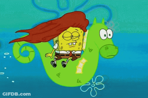 A Cartoon Of Spongebob Riding On The Back Of A Seahorse GIF