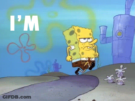 A Cartoon Of Spongebob Running With The Words " I 'M " Behind Him GIF
