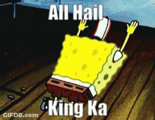 A Cartoon Of Spongebob Saying " All Hail King Ka " On A Wooden Surface GIF