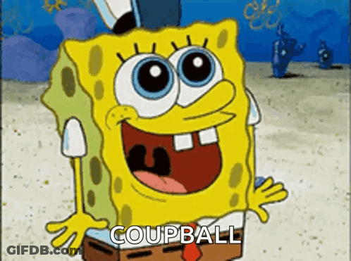 A Cartoon Of Spongebob Saying Coupball On The Beach GIF