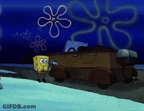 A Cartoon Of Spongebob Saying Hi Boaty In Front Of A Brown Car GIF