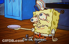 A Cartoon Of Spongebob Saying " I 'M Ok Honest " While Holding A Plate GIF