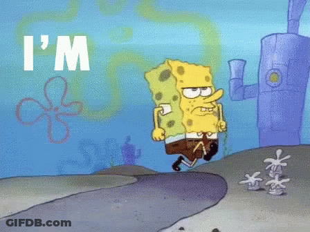 A Cartoon Of Spongebob Saying " I 'M " While Walking Down A Path GIF