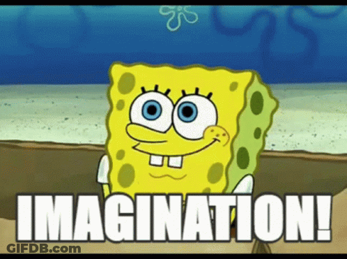 A Cartoon Of Spongebob Saying " Imagination " In The Sand GIF