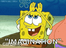 A Cartoon Of Spongebob Saying " Imagination " Next To Another Cartoon Character GIF