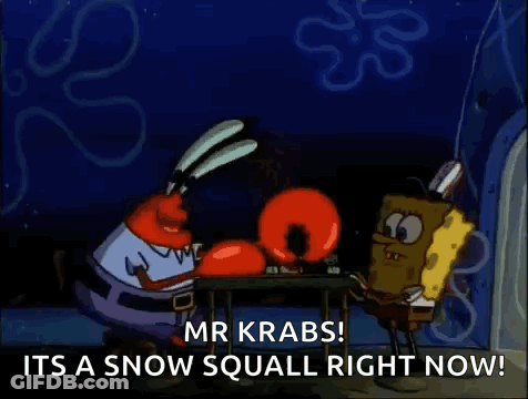 A Cartoon Of Spongebob Saying Mr Krabs It 'S A Snow Squall Right Now GIF