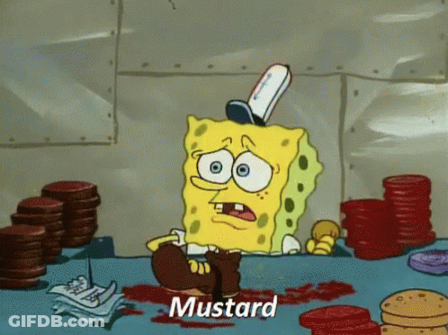 A Cartoon Of Spongebob Saying Mustard In Front Of A Table Full Of Cookies GIF