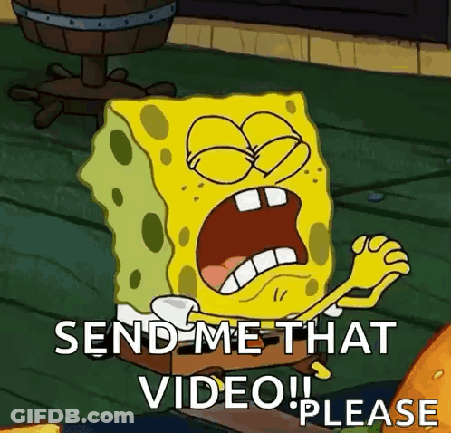 A Cartoon Of Spongebob Saying Send Me That Video ! Please GIF