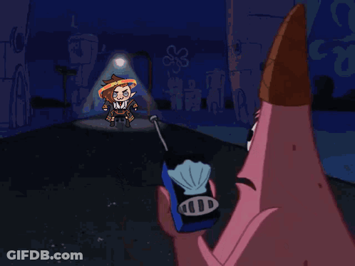 A Cartoon Of Spongebob Saying She 'S Just Standing There While Holding A Flashlight GIF