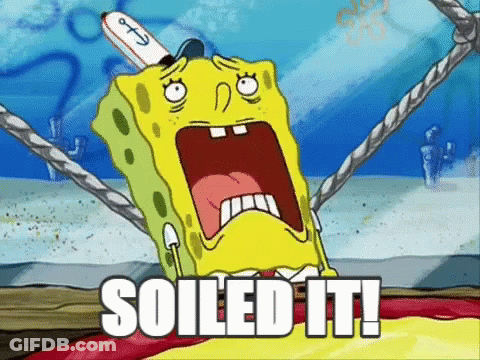 A Cartoon Of Spongebob Saying " Soiled It " With A Knife Sticking Out Of His Head GIF