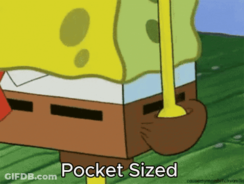 A Cartoon Of Spongebob Says Pocket Sized On The Bottom GIF