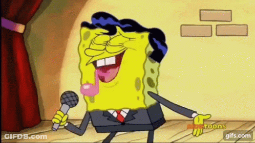 A Cartoon Of Spongebob Singing Into A Microphone While Blowing A Bubble . GIF