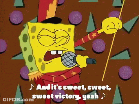 A Cartoon Of Spongebob Singing Into A Microphone With The Words And It 'S Sweet Sweet Sweet Victory Yeah GIF