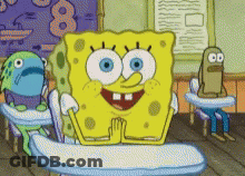 A Cartoon Of Spongebob Sitting At A Desk In A Classroom With Other Characters GIF