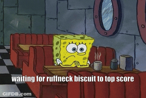 A Cartoon Of Spongebob Sitting At A Diner Table With The Caption Waiting For Ruffneck Biscuit To Top Score GIF