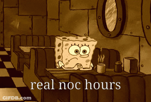 A Cartoon Of Spongebob Sitting At A Table With A Cup Of Coffee And The Words Real Noc Hours Below Him GIF