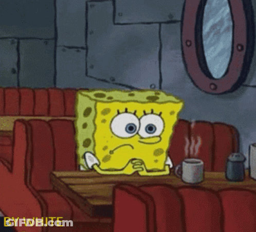 A Cartoon Of Spongebob Sitting At A Table With A Cup Of Steaming Coffee GIF