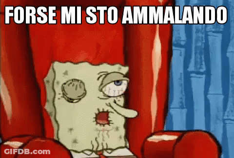 A Cartoon Of Spongebob Sitting In A Chair With A Hole In His Chest And The Words Forse Mi Sto Ammalando Above Him . GIF