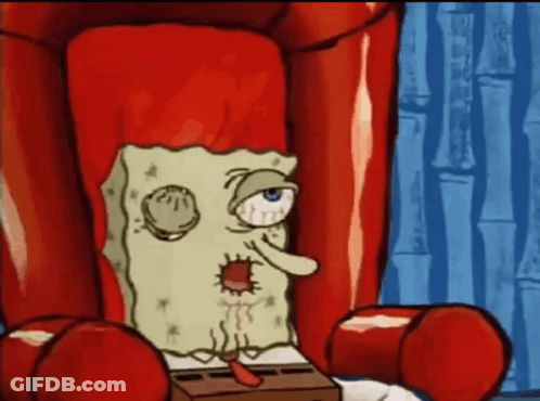A Cartoon Of Spongebob Sitting In A Chair With A Hole In His Eye GIF